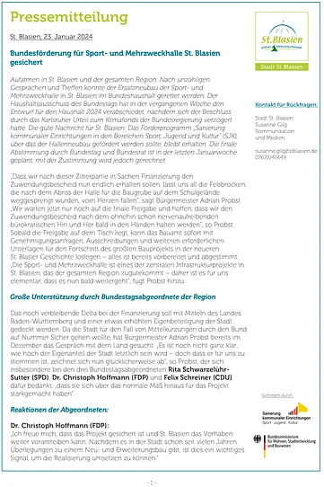Pressemitteilung St. Blasien - Bundesförderung für Sport- und Mehrzweckhalle St. Blasien gesichert 
